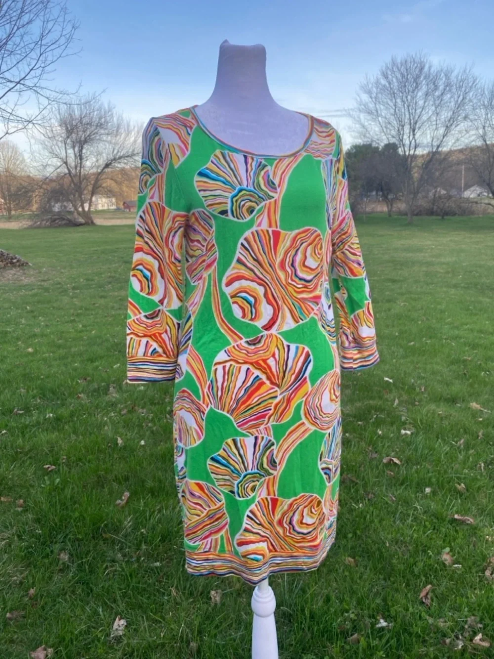 Trina Turk Green Multicolor Swirl Print Long Sleeve Shift Dress